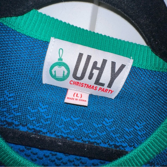 Ugly Festive Blue and Green Crewneck Sweater with Christmas Lights - Picture 2 of 6